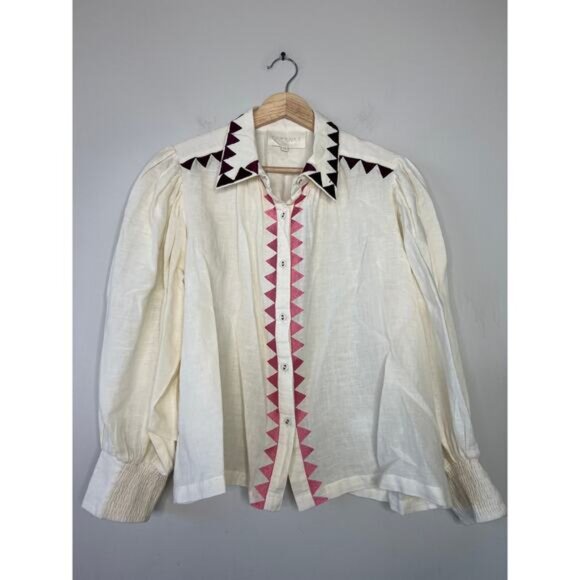 NEW Carolina K 3/4 Blouson Sleeves Button front K Elisa Cropped Blouse White - Picture 3 of 9